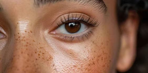 Womans face highlighting natural skin texture visible pores and minor imperfections emphas